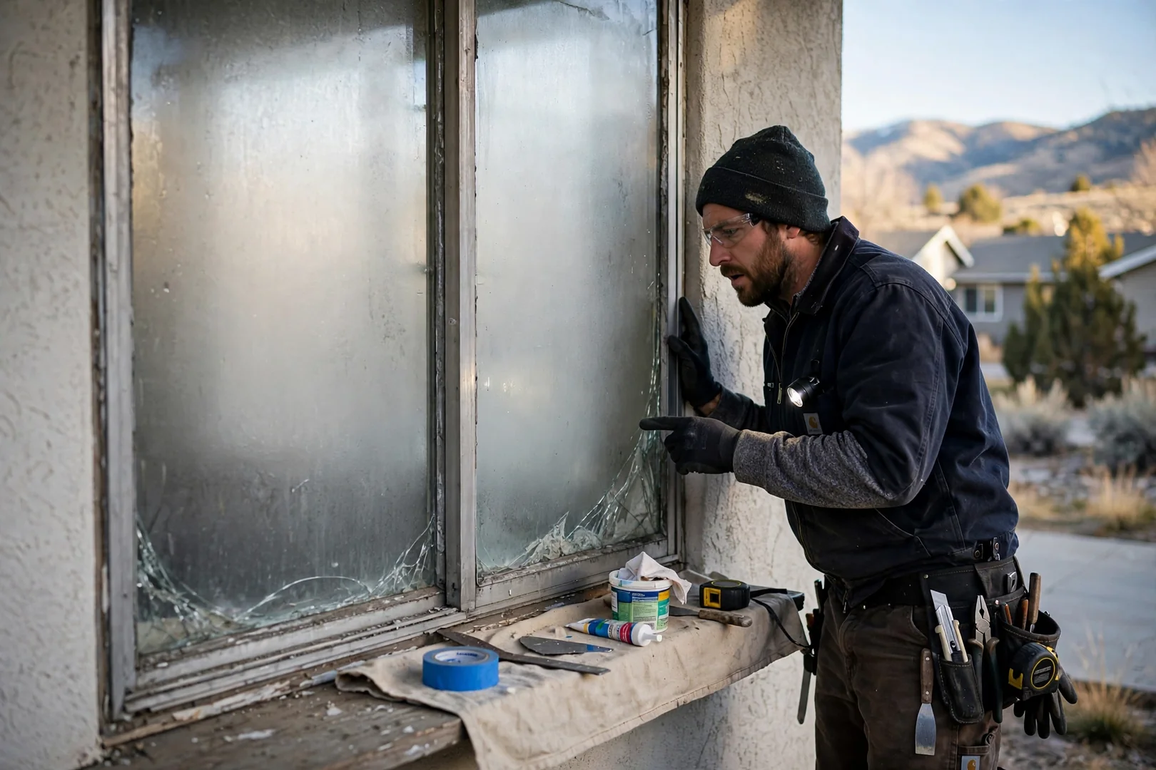 Older aluminum window with fogged glass and cracked glazing before replacement