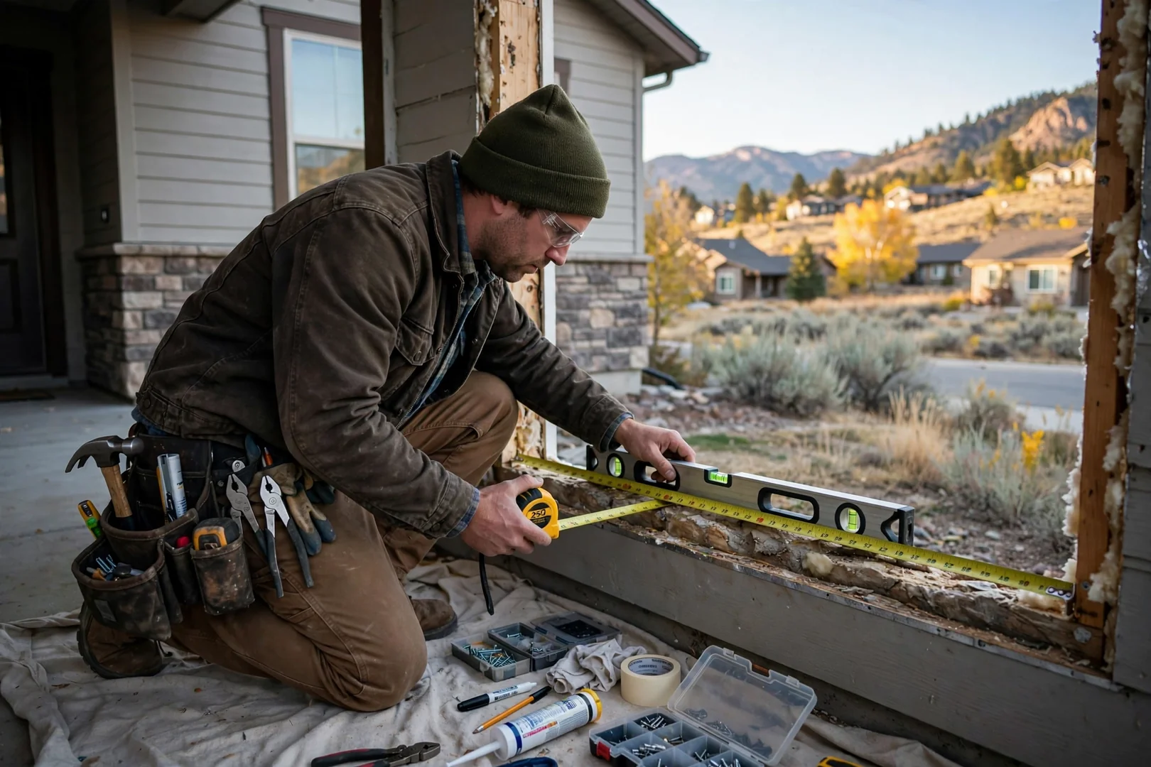 Installer measuring a rough opening with a tape measure and level on site